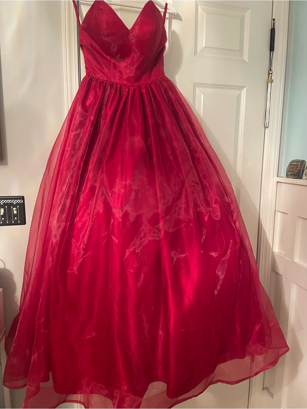 Strapless Red Burgundy Satin Ball Gown With Sheer Overlay
